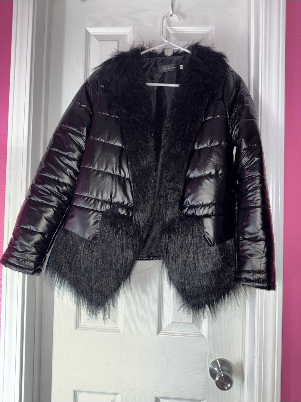 Fashion Women's Black Puffer Faux Fur Jacket Size M